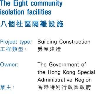 The Eight community isolation facilities          Project type:  Building Construction            Owner:   The Govern   