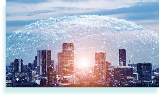 Modern cityscape and communication network concept  Telecommunication  IoT (Internet of Things)  ICT (Information communication Technology)  5G  Smart city  Digital transformation 