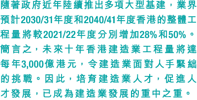隨著政府近年陸續推出多項大型基建，業界預計2030/31年度和2040/41年度香港的整體工程量將較2021/22年度分別增加28%和50%。簡言之，未來十年香港建造業工程量將達每年3,000億港元，令建造業面對人手緊絀的挑戰。因此，...