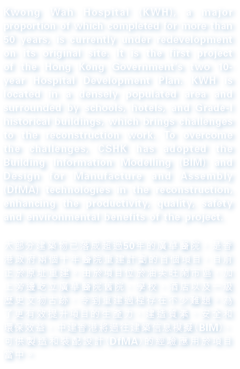 Kwong Wah Hospital (KWH), a major proportion of which completed for more than 50 years, is currently under redevelopm...