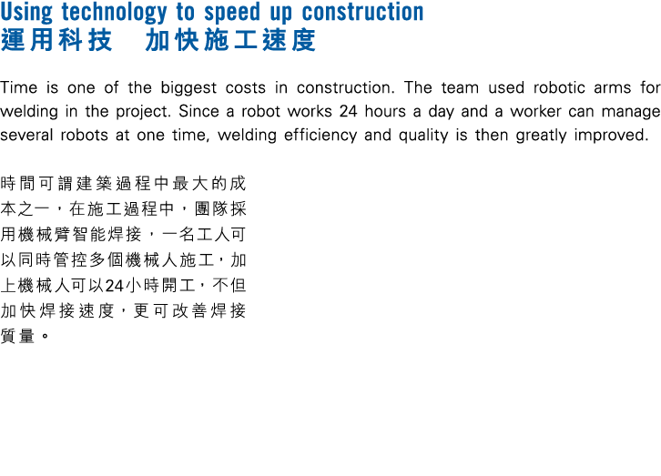 Using technology to speed up construction 運用科技 加快施工速度 Time is one of the biggest costs in construction. The team used...