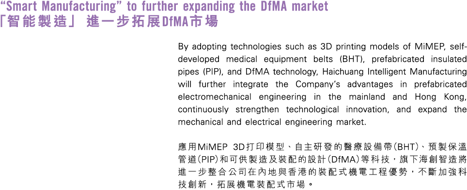 “Smart Manufacturing” to further expanding the DfMA market 「智能製造」 進一步拓展DfMA市場 By adopting technologies such as 3D pri...