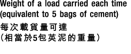 Weight of a load carried each time (equivalent to 5 bags of cement) 每次載貨量可達 （相當於5包英泥的重量） 