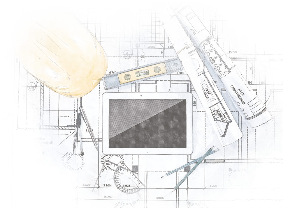 Construction blueprints with tools and tablet, top view